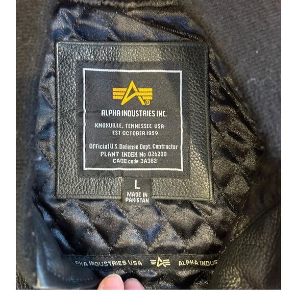 ALPHA INDUSTRIES Black Genuine Leather Full Zip Moto Biker Bomber Jacket LARGE - Picture 3 of 11
